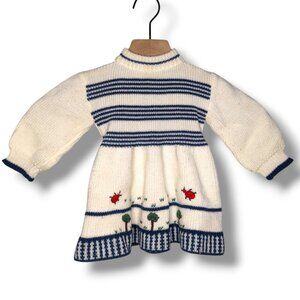 Vintage Handknit White Mockneck Newborn Sweater Dress Trees & Ladybugs